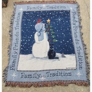 VTG Throw Blanket Snowman Cat Mouse Family Friends Tradition Christmas Holiday
